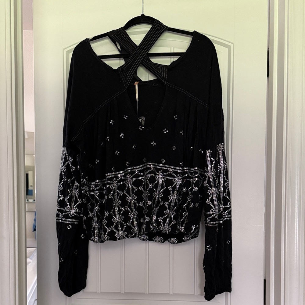 Never worn Free People Black and Silver Embroidered Blouse
